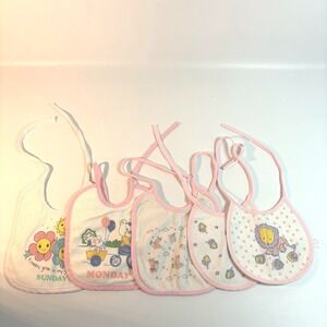 Vintage Baby Bibs Lot of 5 Terry Cloth Waterproof Backing Roma Baby Pink Trim